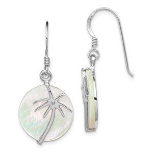 Sterling Silver Mother of Pearl Tropical Palm Tree Round Dangle Drop Earrings